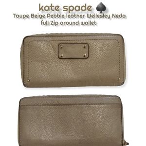 Kate Spade Wellesley Neda full Zip around large wallet Taupe Beige leather